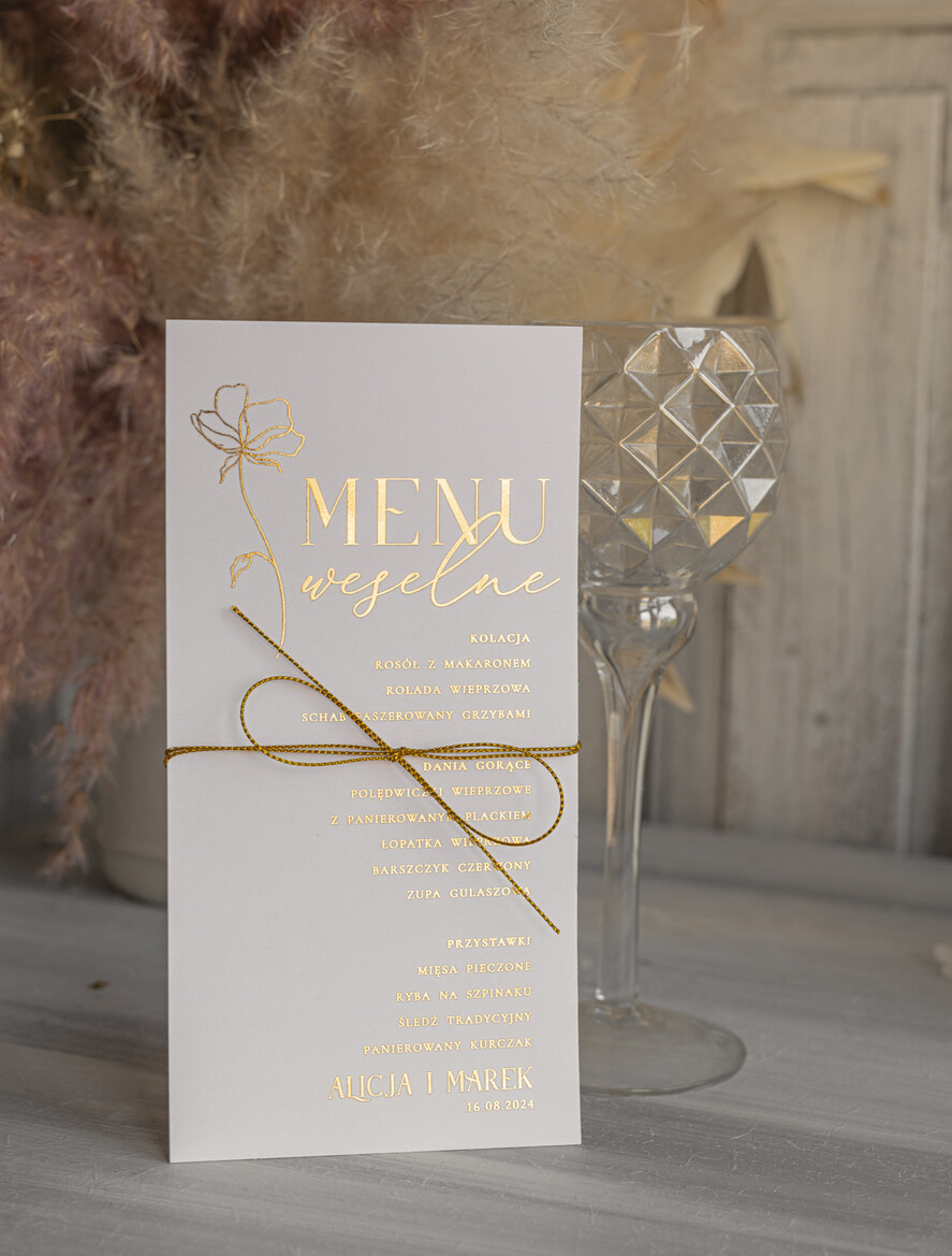 Menu glamour menu weselne plan podawania posiłków na weselu, złote i eleganckie na klasyczne wesele, karta dań weselne menu  glamour złote litery wasza treść3