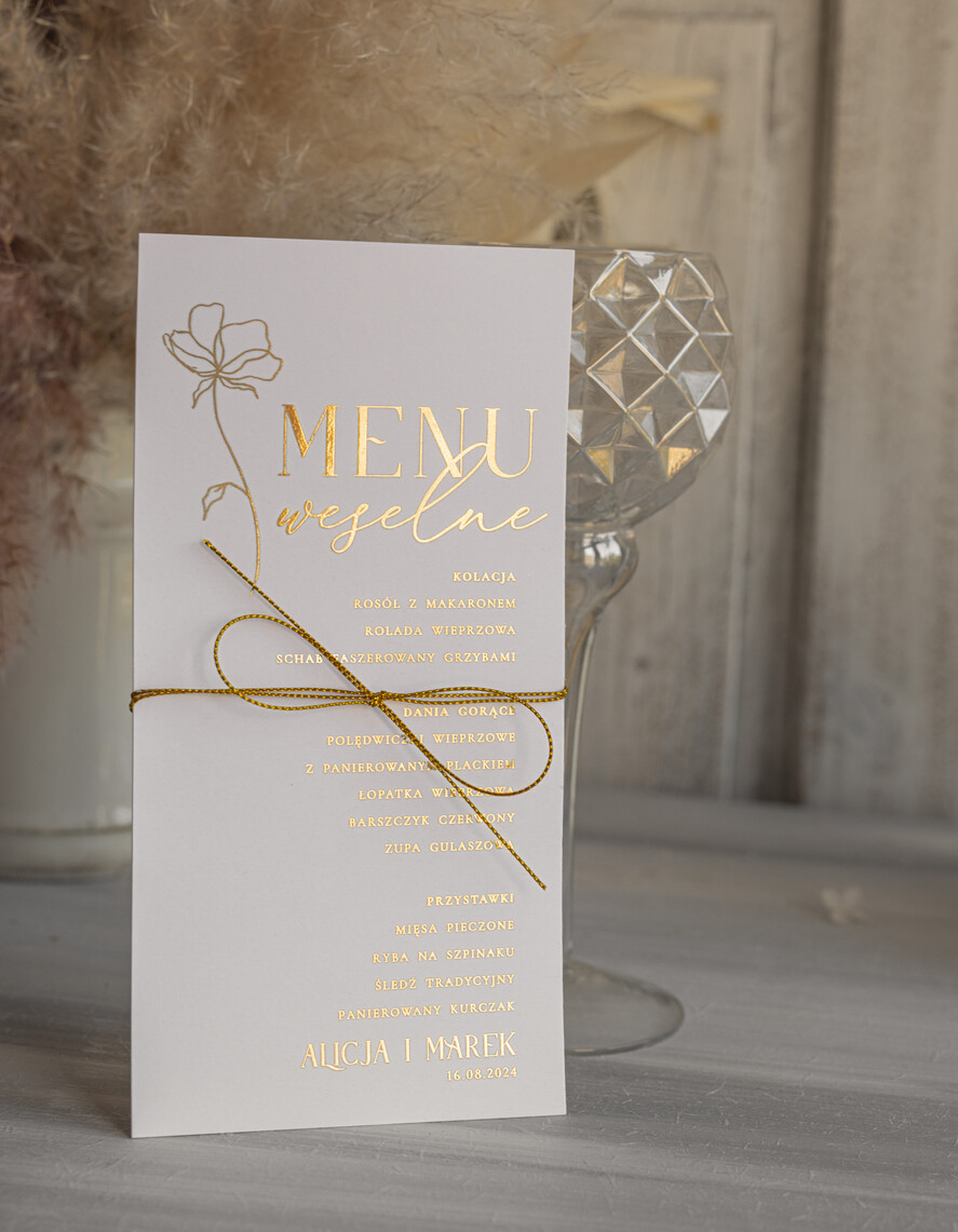 Menu glamour menu weselne plan podawania posiłków na weselu, złote i eleganckie na klasyczne wesele, karta dań weselne menu  glamour złote litery wasza treść7