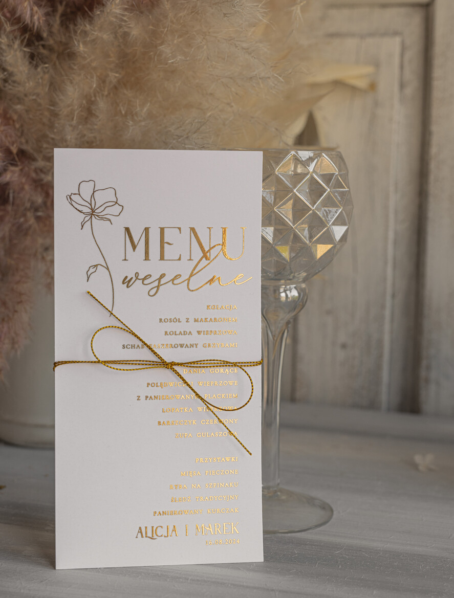 Menu glamour menu weselne plan podawania posiłków na weselu, złote i eleganckie na klasyczne wesele, karta dań weselne menu  glamour złote litery wasza treść9