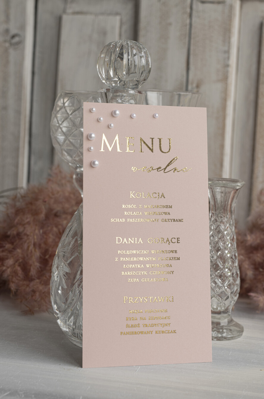 Menu glamour elegancka karta dań na weselu z perełkami, menu weselne z perełkami weselne menu karta potraw weselnych, złote lub srebrne napisy wasza treść6