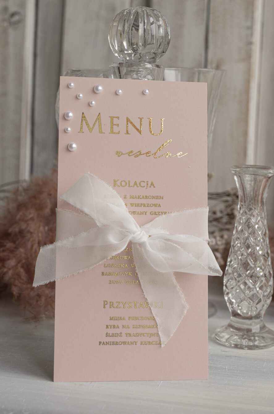 Menu glamour elegancka karta dań na weselu z perełkami, menu weselne z perełkami weselne menu karta potraw weselnych, złote lub srebrne napisy wasza treść2