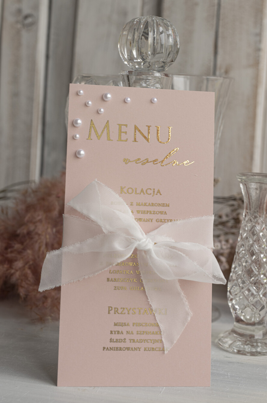 Menu glamour elegancka karta dań na weselu z perełkami, menu weselne z perełkami weselne menu karta potraw weselnych, złote lub srebrne napisy wasza treść3