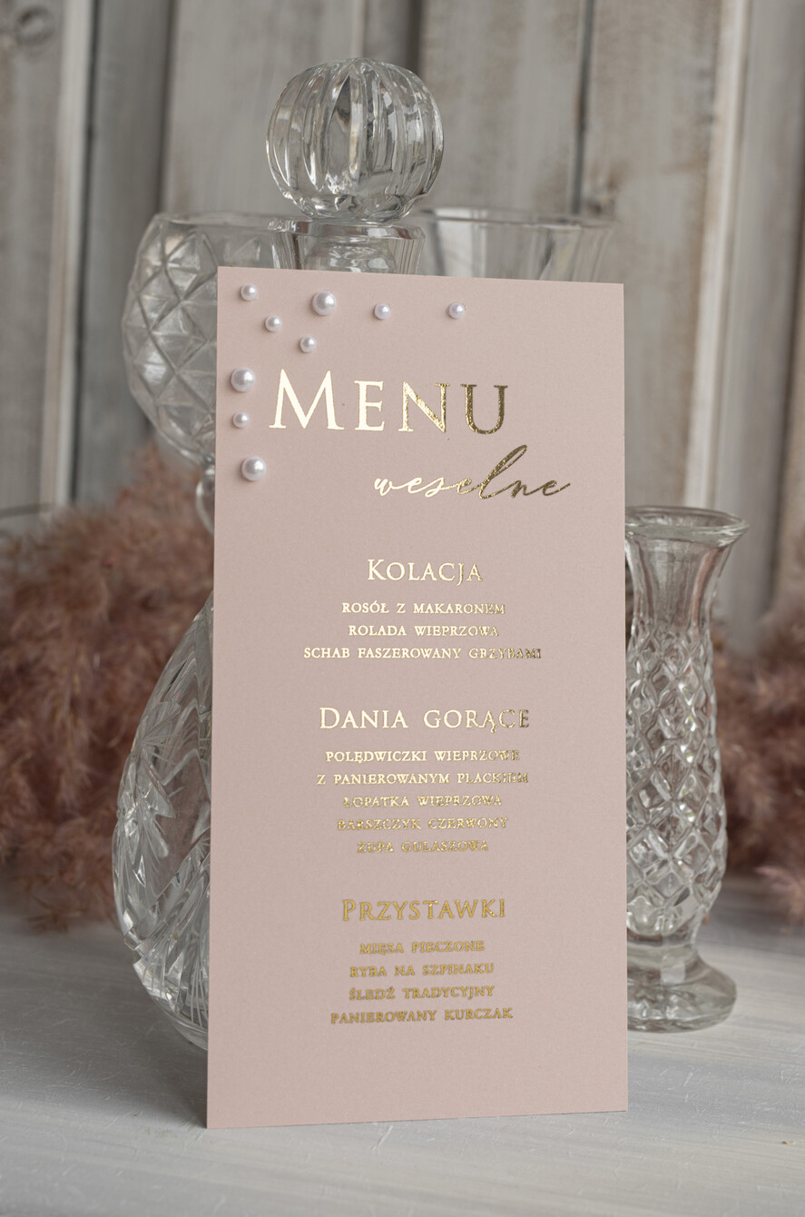 Menu glamour elegancka karta dań na weselu z perełkami, menu weselne z perełkami weselne menu karta potraw weselnych, złote lub srebrne napisy wasza treść4