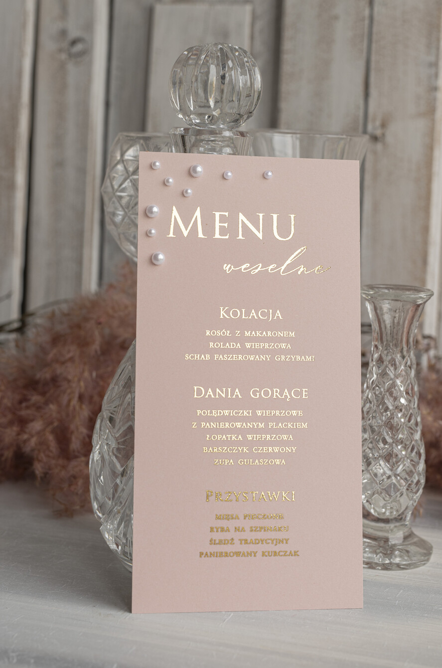 Menu glamour elegancka karta dań na weselu z perełkami, menu weselne z perełkami weselne menu karta potraw weselnych, złote lub srebrne napisy wasza treść5