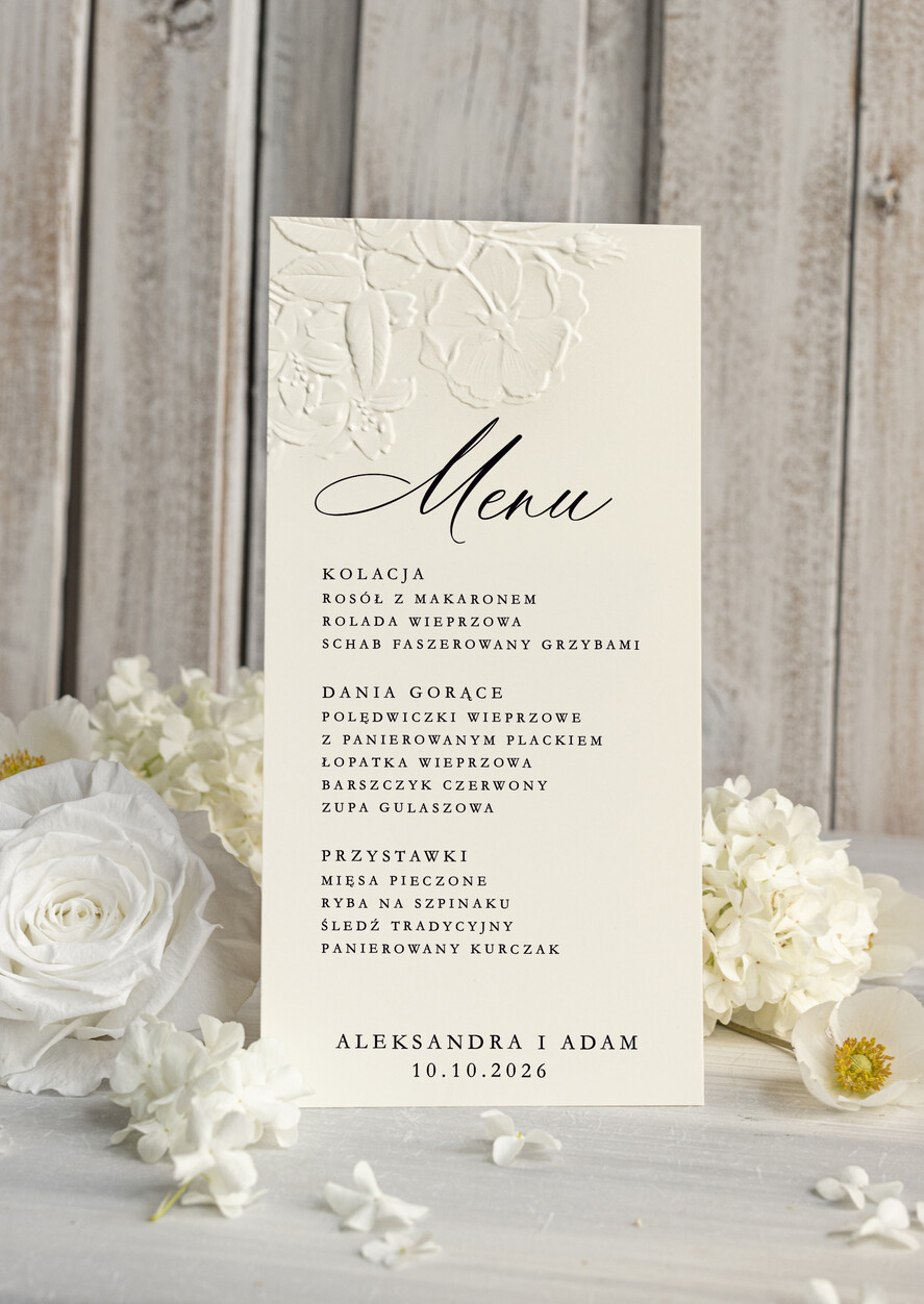 Menu glamour weselne menu karta potraw weselnych, złote i eleganckie na klasyczne wesele, menu weselne z tłoczonymi kwiatami, karta dań weselnych z ozdobnym tłoczeniem1