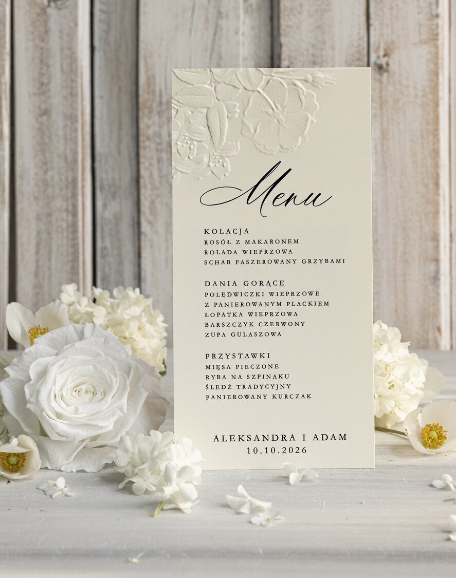 Menu glamour weselne menu karta potraw weselnych, złote i eleganckie na klasyczne wesele, menu weselne z tłoczonymi kwiatami, karta dań weselnych z ozdobnym tłoczeniem0