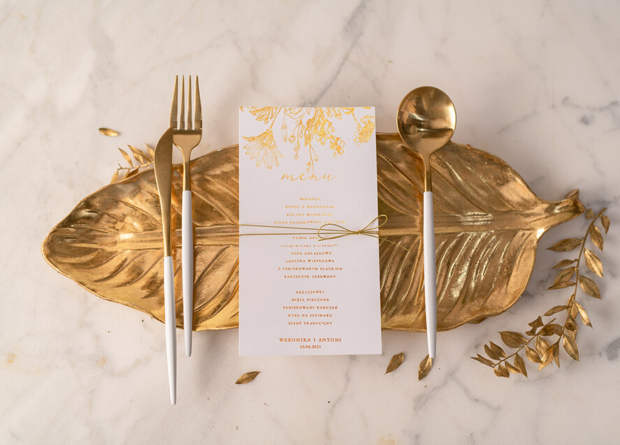 Menu glamour menu weselne plan podawania posiłków na weselu, glamour złote litery wasza treść0