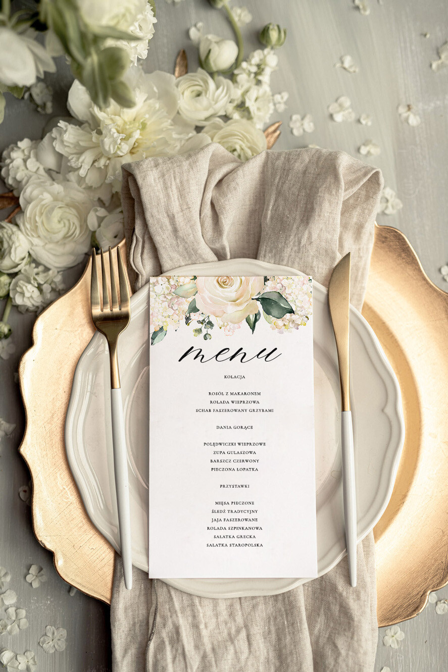 Menu glamour menu ślubne z planem posiłków, złote i eleganckie na klasyczne wesele0