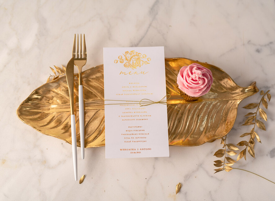 Menu glamour ślubne menu z planem podawania dań wesenych, glamour złote litery wasza treść0