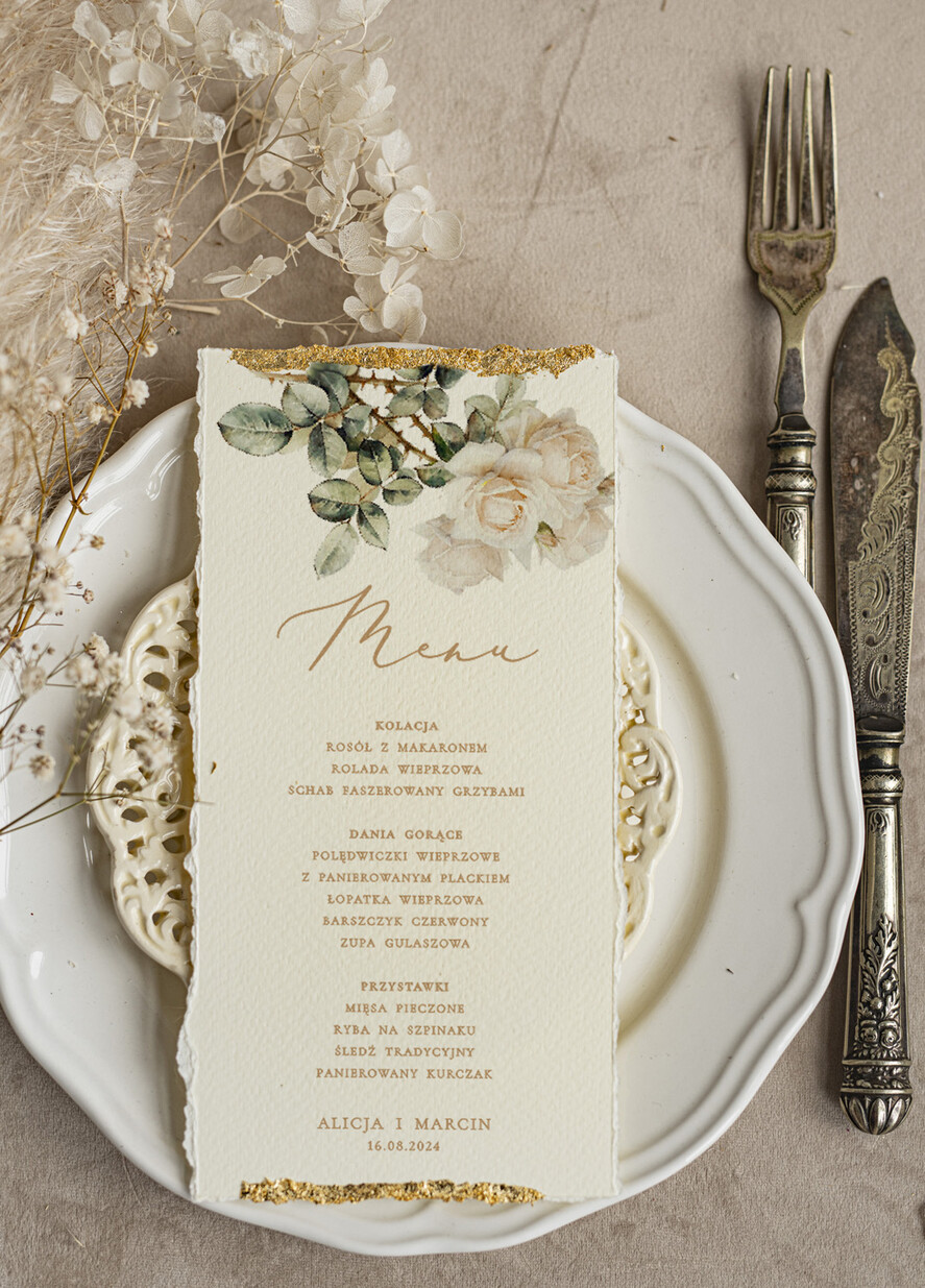 Menu glamour złota karta dań weselnych, menu weselne z dartymi brzegami i płatkami złota, karta podawania dań na weselu ze złotem 4