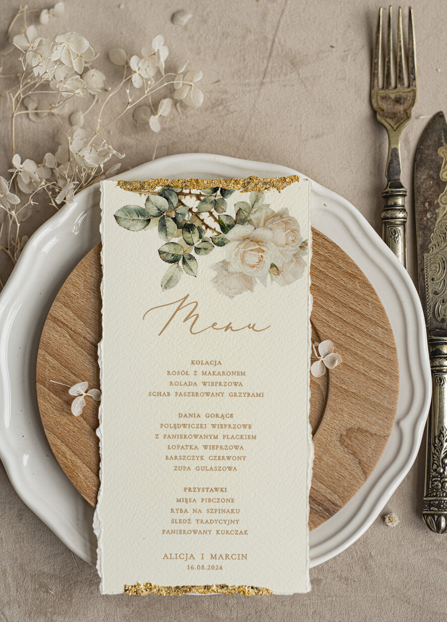 Menu glamour złota karta dań weselnych, menu weselne z dartymi brzegami i płatkami złota, karta podawania dań na weselu ze złotem 1