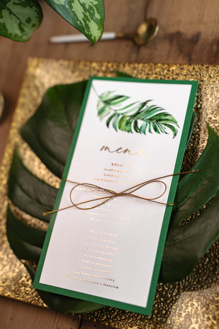 Menu glamour menu weselne na stoły plan podawania posiłków, glamour złote litery wasza treść3