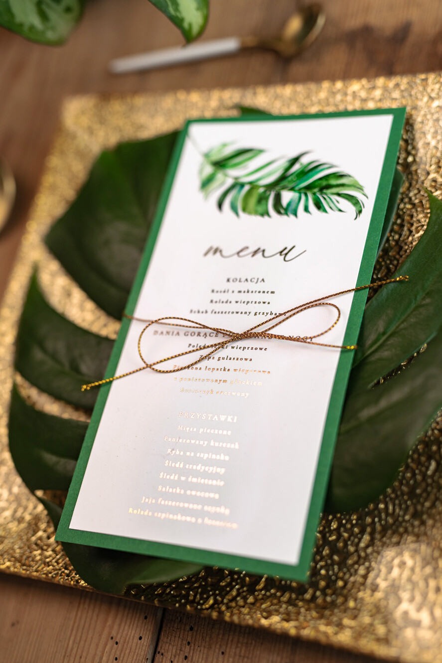 Menu glamour menu weselne na stoły plan podawania posiłków, glamour złote litery wasza treść4