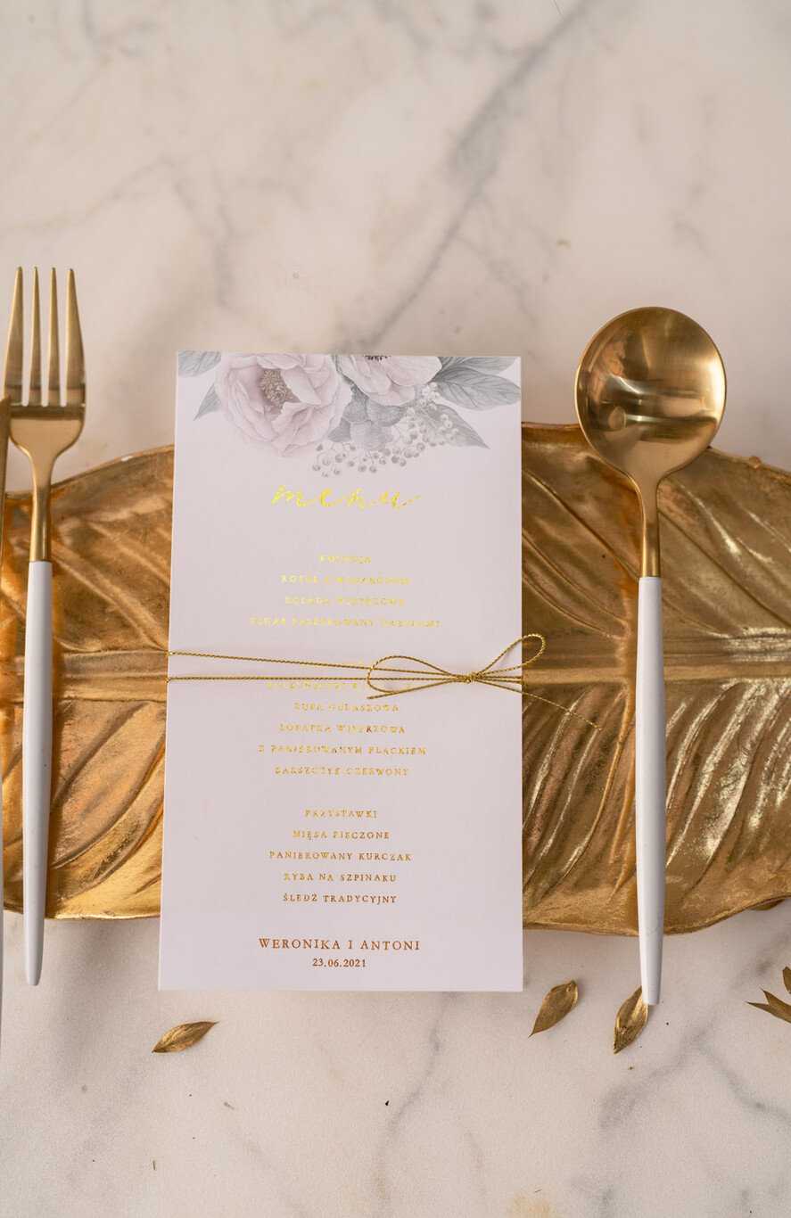 Menu glamour ślubne menu karta potraw weselnych, zlocone napisy dowolna treść0