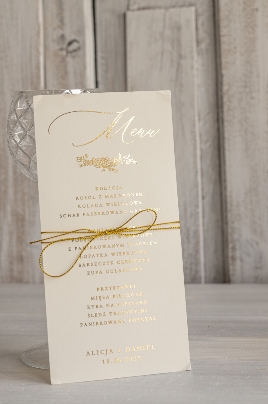Menu glamour weselne menu karta dań weselnych, złote i eleganckie menu weselne na klasyczne wesele, rozkład podawania dań na weselu, dowolna treść menu weselnego1