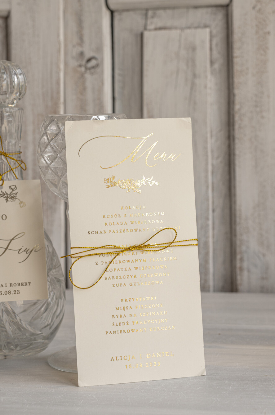 Menu glamour weselne menu karta dań weselnych, złote i eleganckie menu weselne na klasyczne wesele, rozkład podawania dań na weselu, dowolna treść menu weselnego0