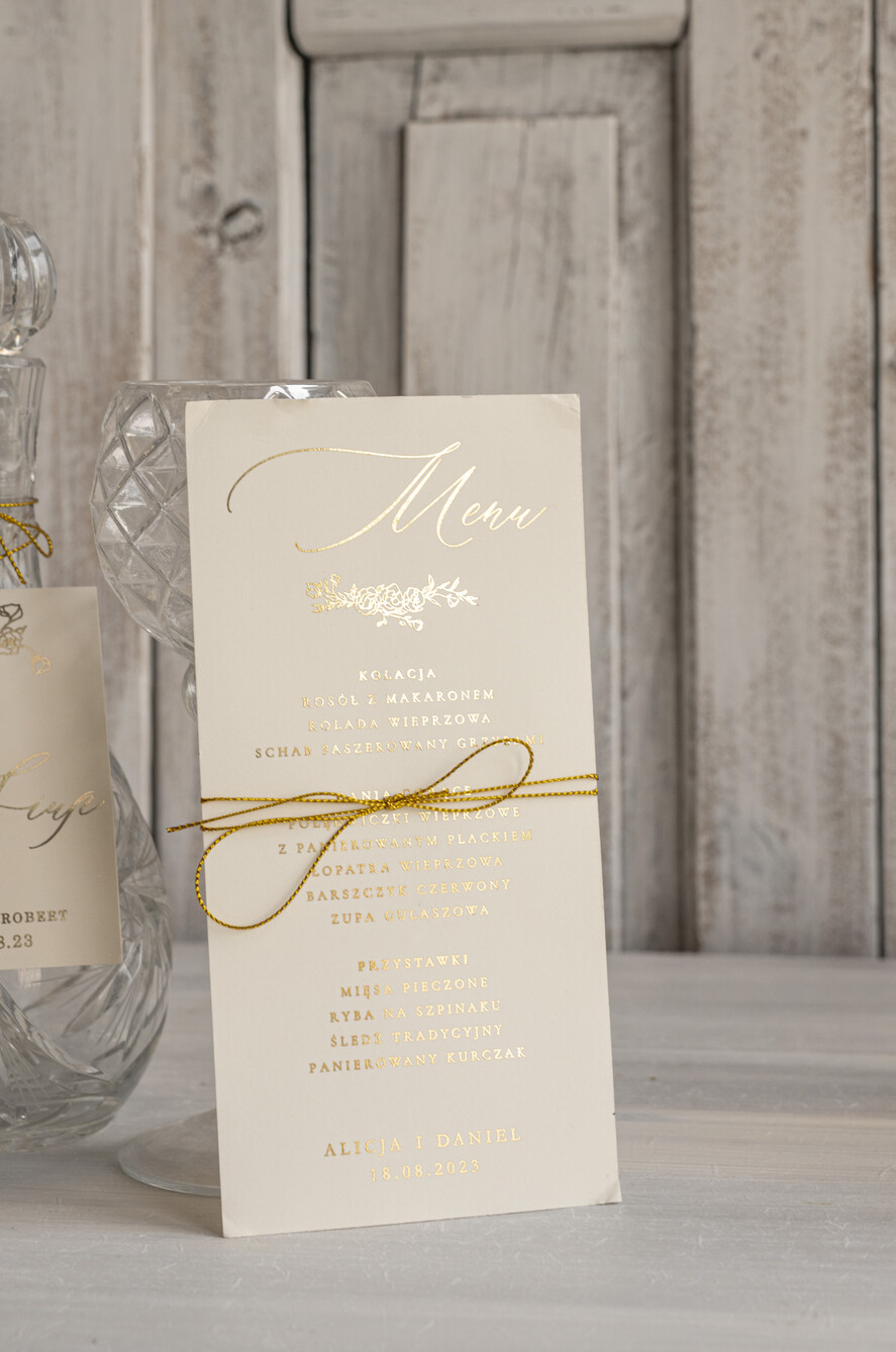 Menu glamour weselne menu karta dań weselnych, złote i eleganckie menu weselne na klasyczne wesele, rozkład podawania dań na weselu, dowolna treść menu weselnego3