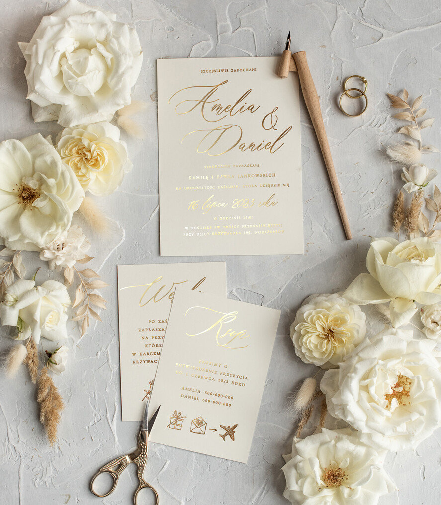 Zestawy Próbkowe próbki zaproszeń zestaw próbkowy Minimalistyczne Złote Zaproszenia Ślubne, Proste Złocone Zaproszenia na Ślub Zaproszenie ślubne  1