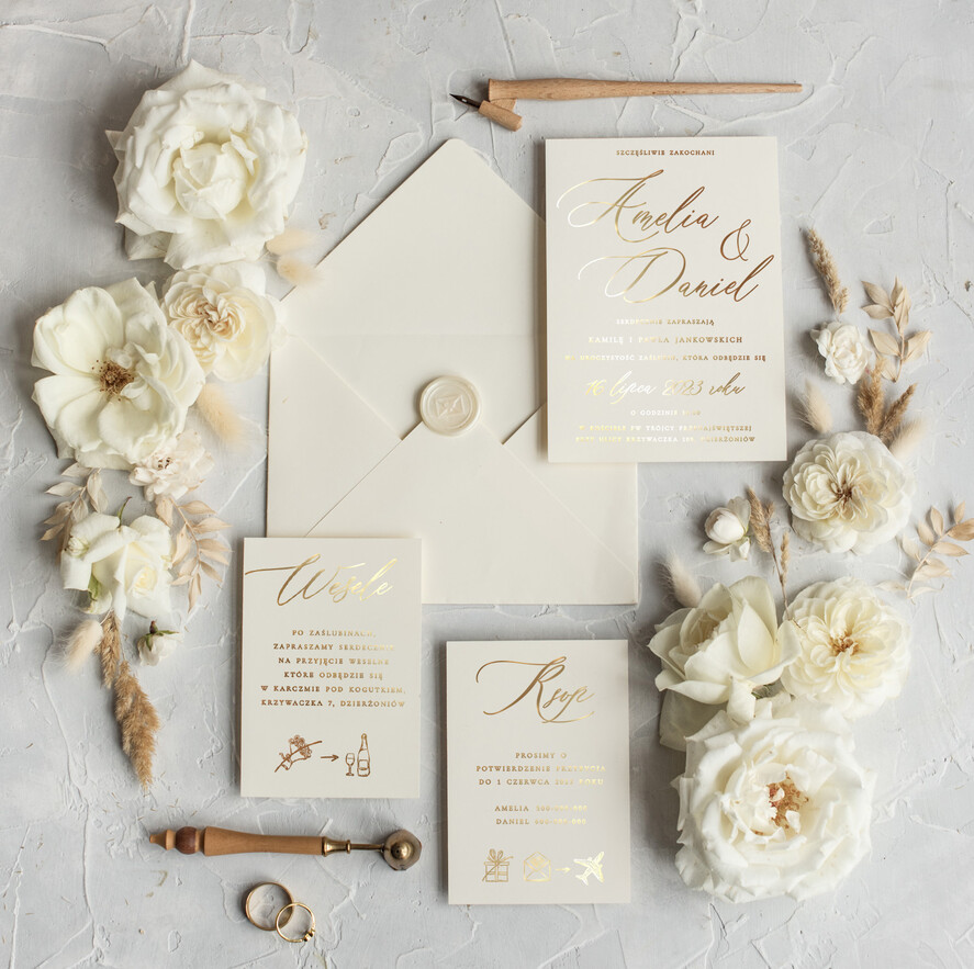 Zestawy Próbkowe próbki zaproszeń zestaw próbkowy Minimalistyczne Złote Zaproszenia Ślubne, Proste Złocone Zaproszenia na Ślub Zaproszenie ślubne  0