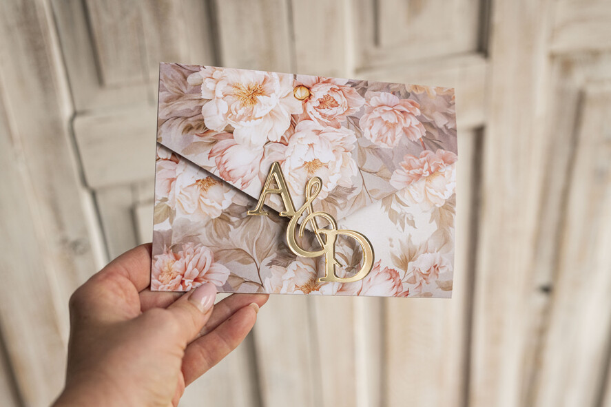 Zestawy Próbkowe próbki zaproszeń Próbka Poziome złote zaproszenia ślubne z lustrzanym monogramem, Kopertowe różowe zaproszenie na ślub złocone, zaproszenia na slub cywilny pudrowy róż2