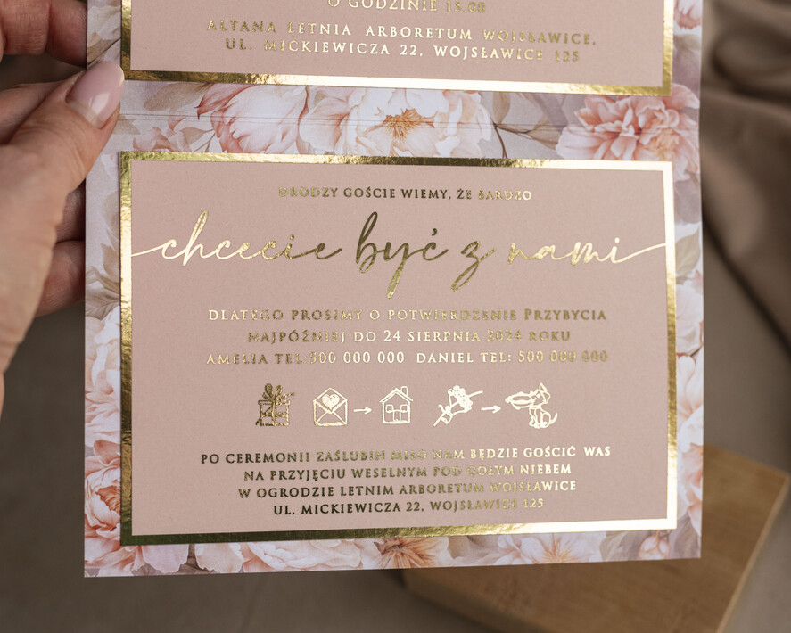 Zestawy Próbkowe próbki zaproszeń Próbka Poziome złote zaproszenia ślubne z lustrzanym monogramem, Kopertowe różowe zaproszenie na ślub złocone, zaproszenia na slub cywilny pudrowy róż5