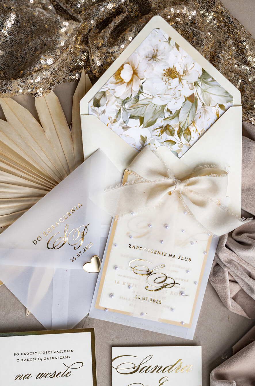 Zestawy Próbkowe próbki zaproszeń Próbka złote zaproszenia ślubne z perełkami, eleganckie zaproszenie na ślub w kalkowym etui,  złocone zaproszenie na ślub cywilny perły0