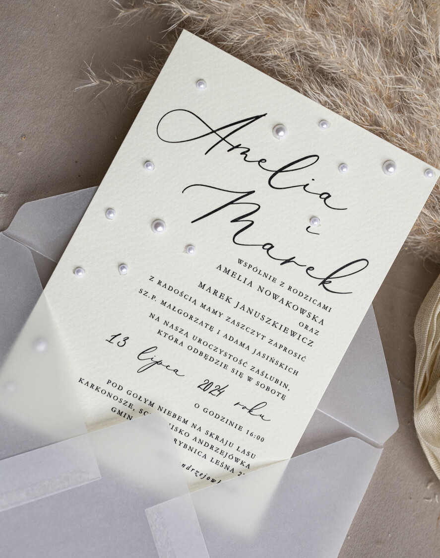 Zestawy Próbkowe próbki zaproszeń Próbka zaproszenia ślubne z perełkami, minimalistyczne zaproszenie na ślub z perełkami i kalką, rwane złocone zaproszenie na ślub cywilny perły1
