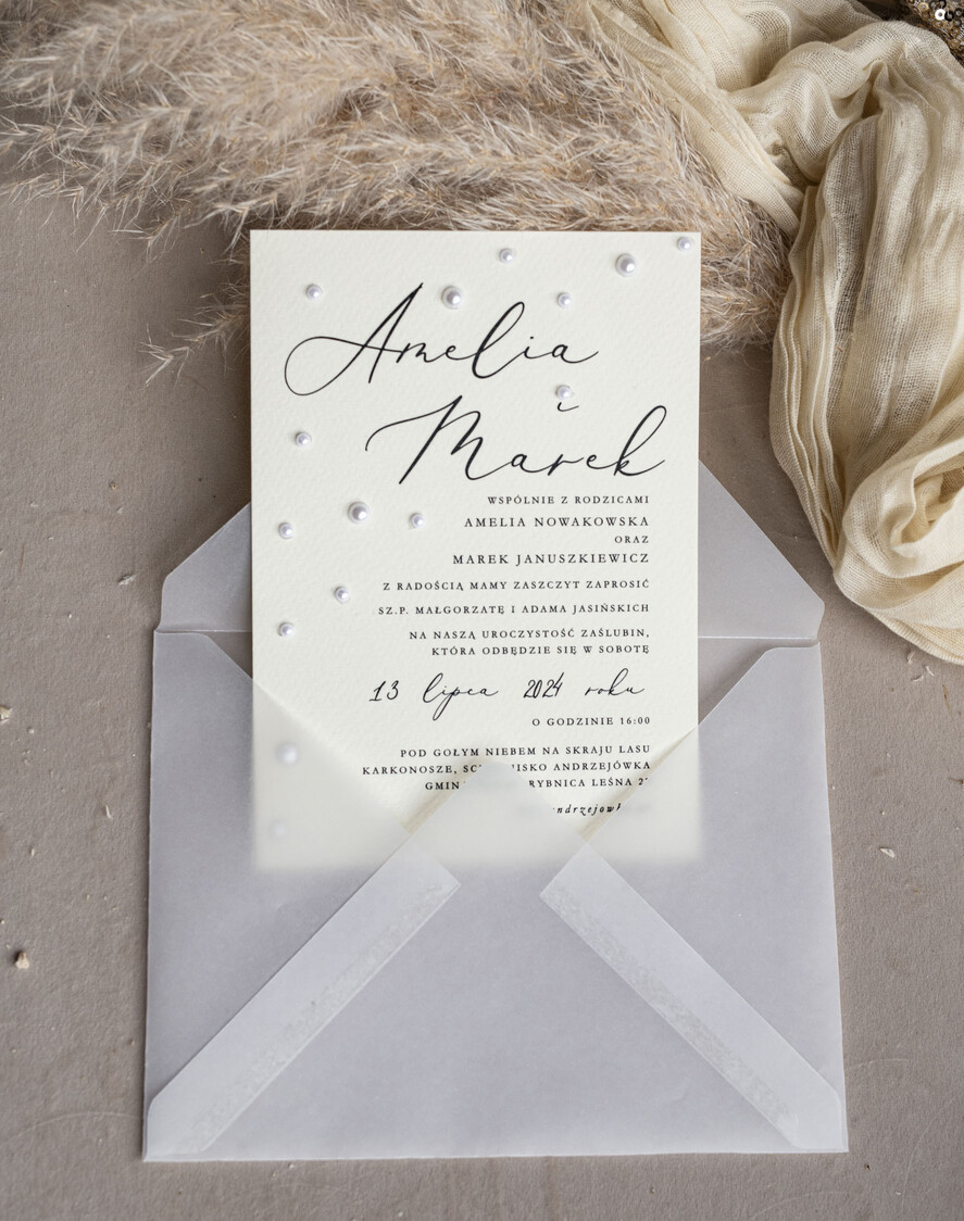 Zestawy Próbkowe próbki zaproszeń Próbka zaproszenia ślubne z perełkami, minimalistyczne zaproszenie na ślub z perełkami i kalką, rwane złocone zaproszenie na ślub cywilny perły2