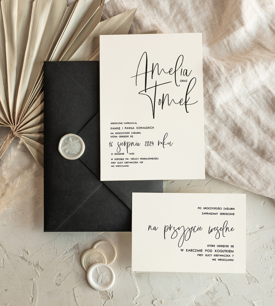 Zestawy Próbkowe próbki zaproszeń zestaw próbkowy zaproszeń na ślub nowoczesne zaproszenia slubne z czarną kopertą, proste zaproszenia na ślub, delikatne zaproszenia slubne2
