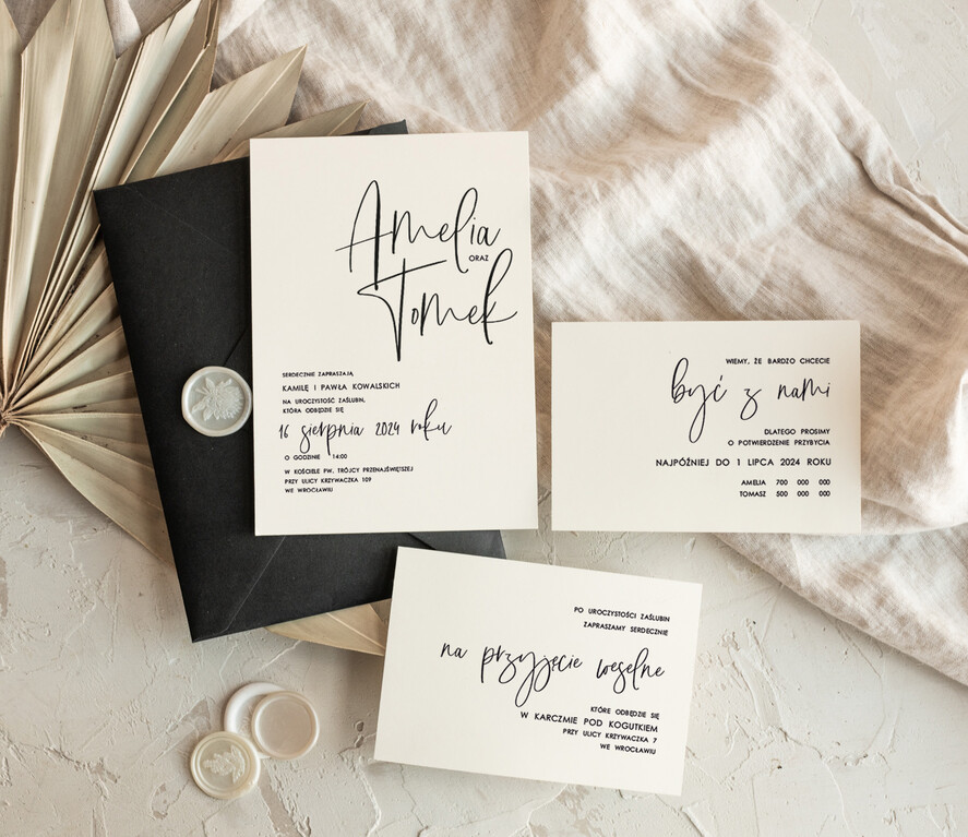 Zestawy Próbkowe próbki zaproszeń zestaw próbkowy zaproszeń na ślub nowoczesne zaproszenia slubne z czarną kopertą, proste zaproszenia na ślub, delikatne zaproszenia slubne0