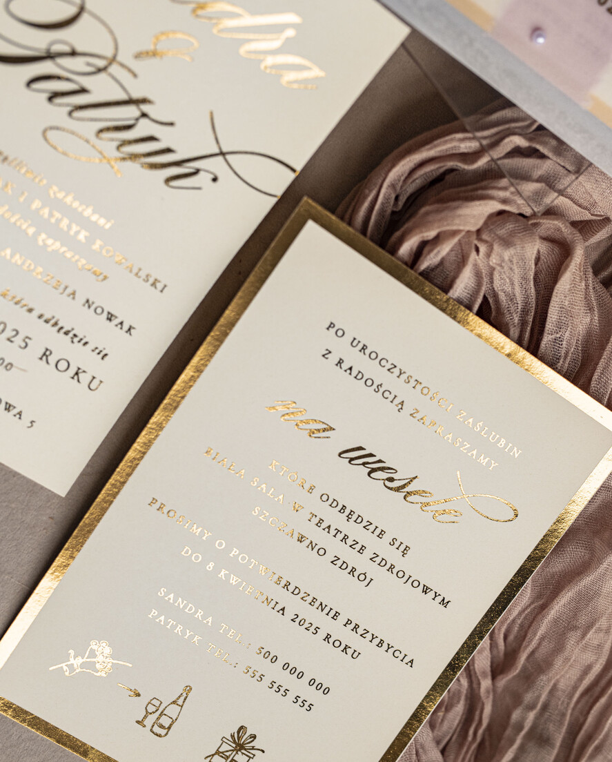 Zestawy Próbkowe próbki zaproszeń Próbka zaproszenia złote zaproszenia ślubne z perełkami, eleganckie zaproszenie na ślub w kalkowym etui, złocone zaproszenie na ślub cywilny perły, perełki na zaproszeniach ślubnych2