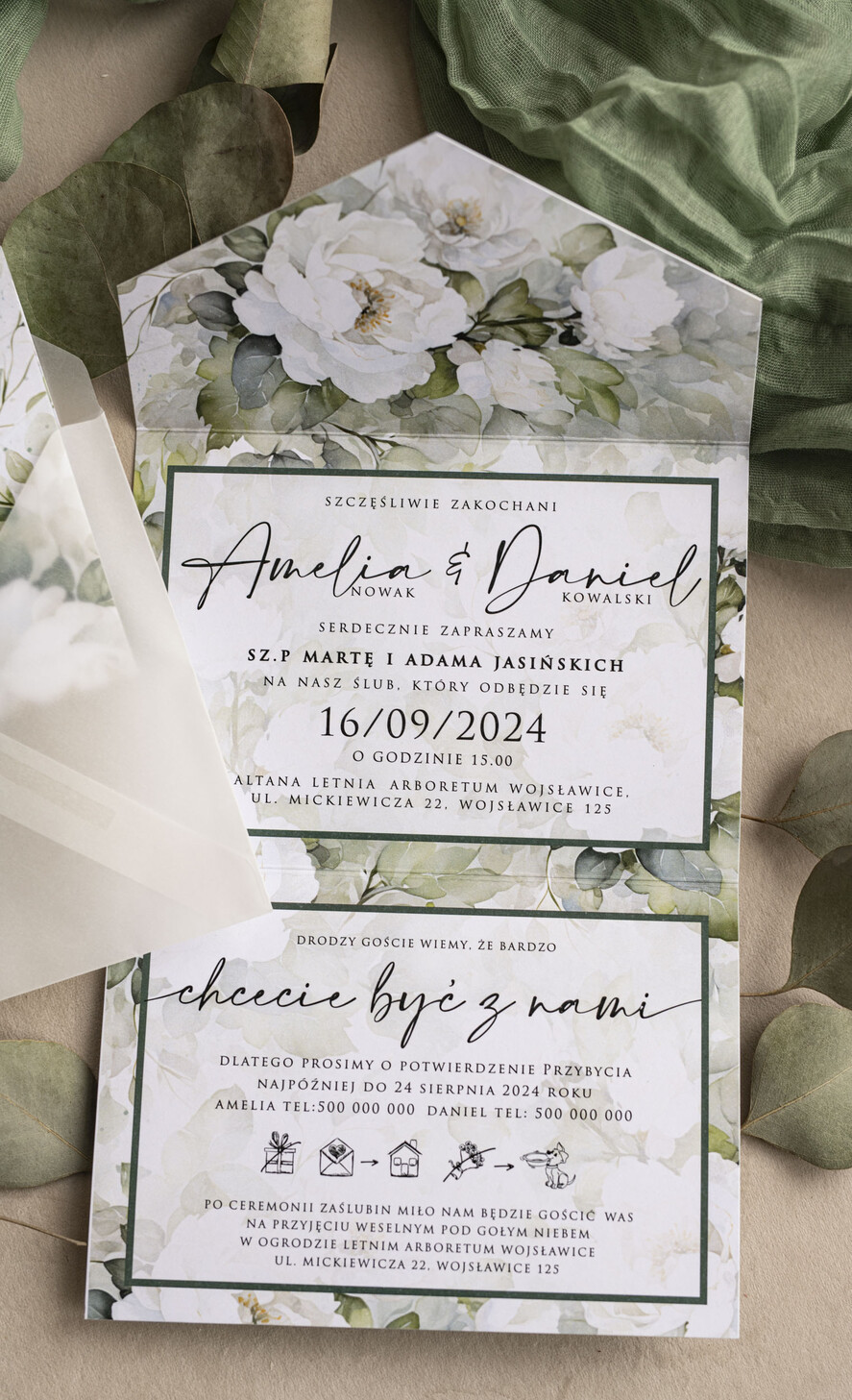 Zestawy Próbkowe próbki zaproszeń Próbka Poziome zaproszenia ślubne z lustrzanym sercen, Kopertowe biało zielone zaproszenie na ślub wiosenny, zaproszenia na slub cywilny peonie 1