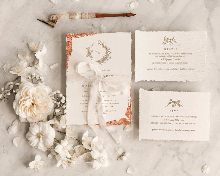 Zestawy Próbkowe próbki zaproszeń zaproszenia próbne na ślub, Zaproszenia ślubne z płatkami złota, delikatne zaproszenia na ślub ze złotem, zaproszenie glamour jedwabna wstążka1
