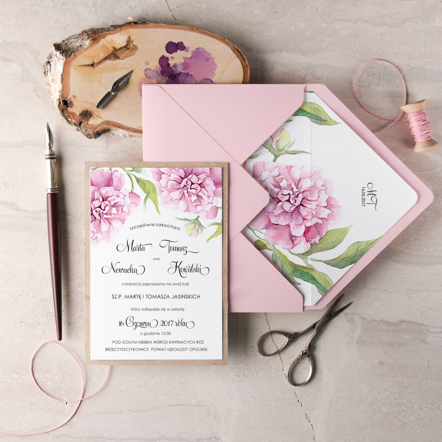 Zaproszenia ślubne Rustykalne i Natura pastelowe zaproszenia ślubne robione na zamówienie w stylu rustykalnym z pięknymi kwiatami peonii1