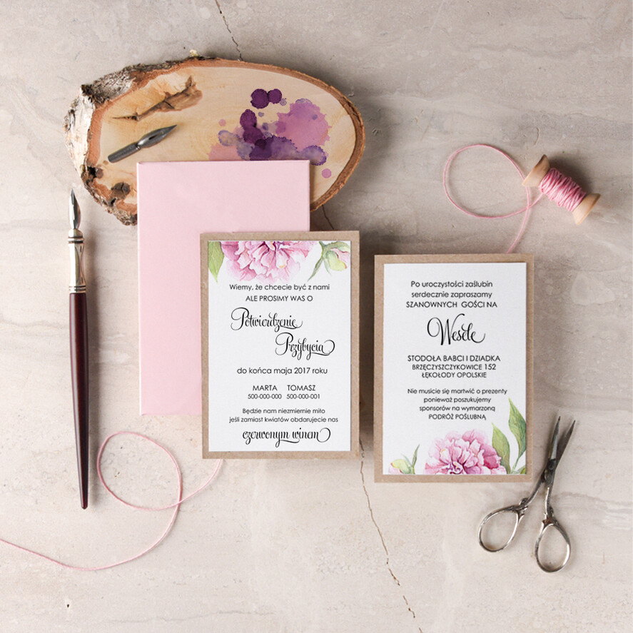 Zaproszenia ślubne Rustykalne i Natura pastelowe zaproszenia ślubne robione na zamówienie w stylu rustykalnym z pięknymi kwiatami peonii2