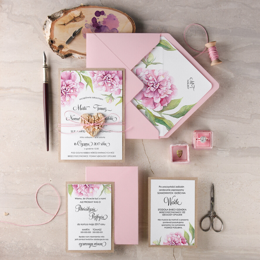 Zaproszenia ślubne Rustykalne i Natura pastelowe zaproszenia ślubne robione na zamówienie w stylu rustykalnym z pięknymi kwiatami peonii3
