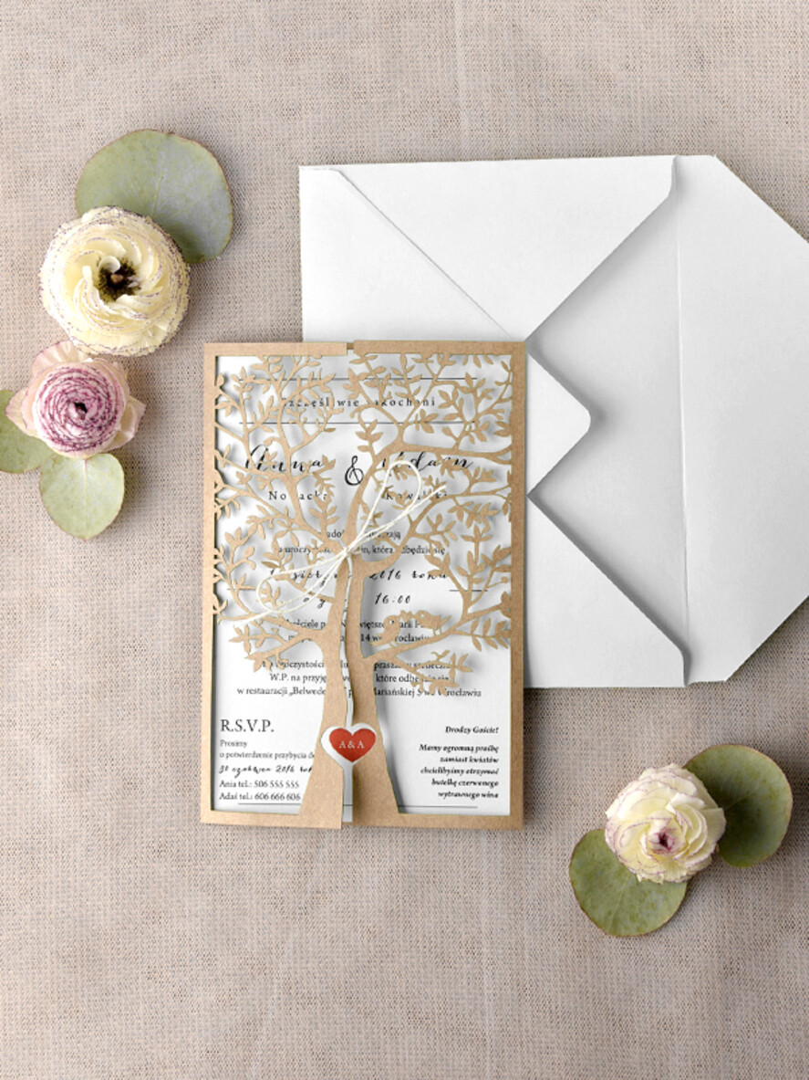 Zaproszenia ślubne Rustykalne i Natura Niezwykłe zaproszenia ślubne w stylu rustykalnym laserowo wycinanym drzewem, zaproszenie  na ślub drzewko laserowe1