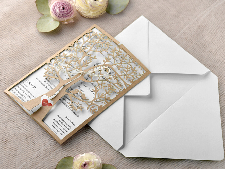 Zaproszenia ślubne Rustykalne i Natura Niezwykłe zaproszenia ślubne w stylu rustykalnym laserowo wycinanym drzewem, zaproszenie  na ślub drzewko laserowe2