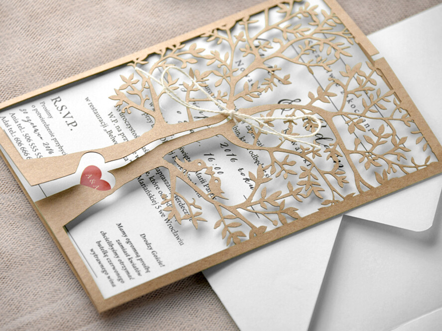 Zaproszenia ślubne Rustykalne i Natura Niezwykłe zaproszenia ślubne w stylu rustykalnym laserowo wycinanym drzewem, zaproszenie  na ślub drzewko laserowe3