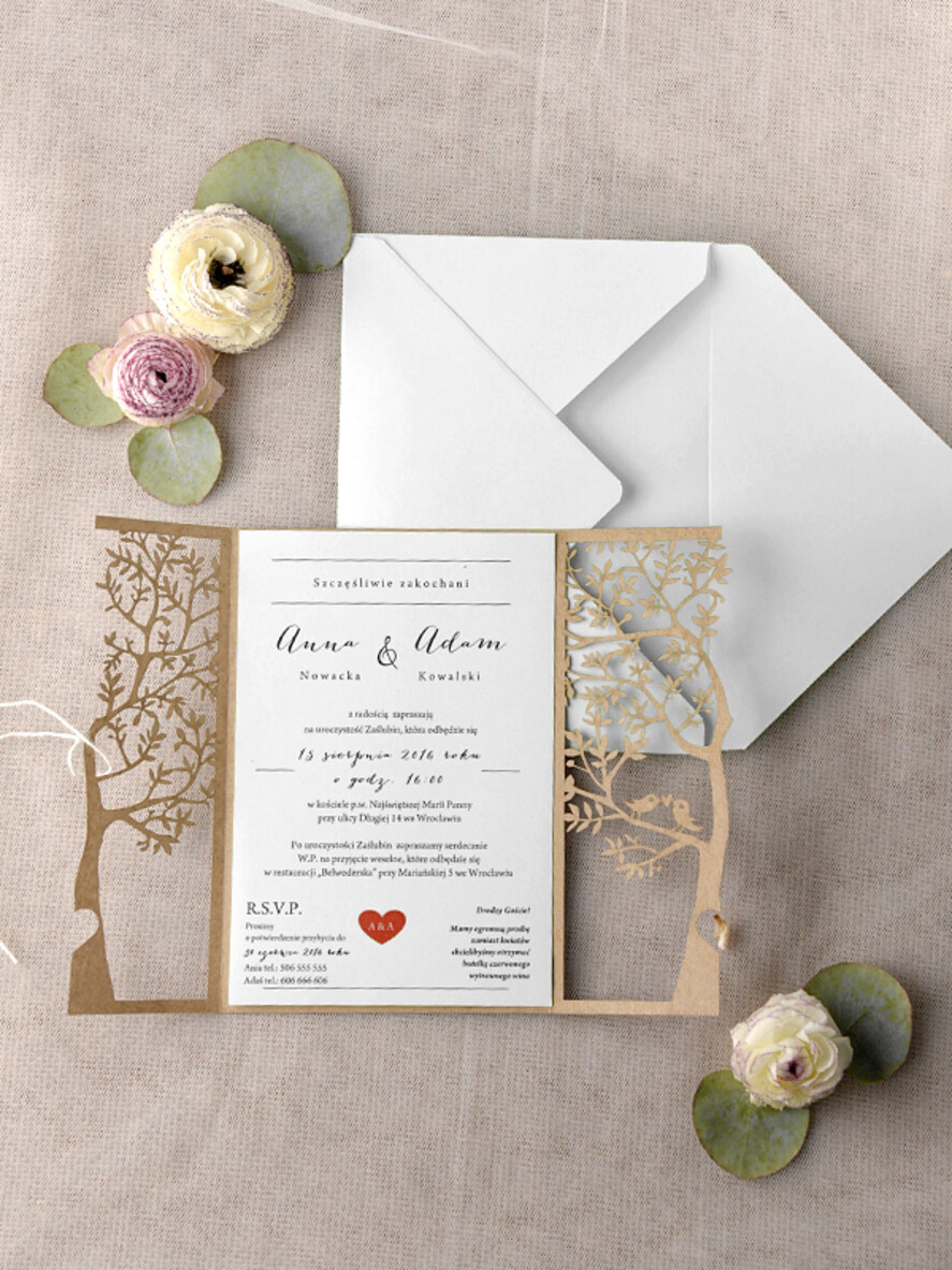 Zaproszenia ślubne Rustykalne i Natura Niezwykłe zaproszenia ślubne w stylu rustykalnym laserowo wycinanym drzewem, zaproszenie  na ślub drzewko laserowe5