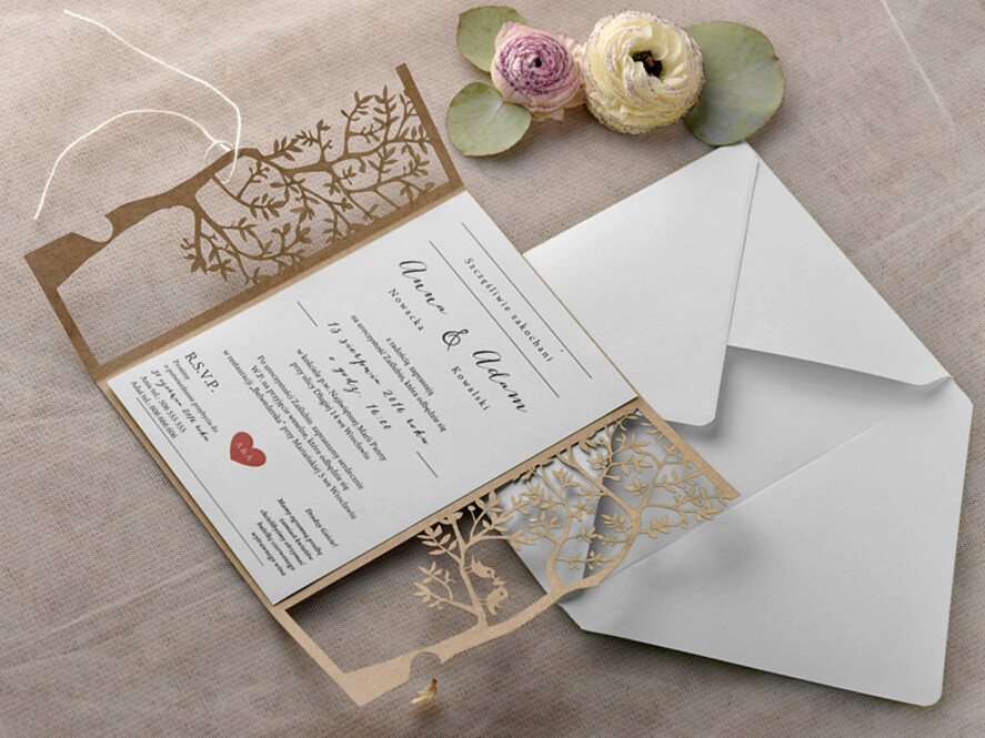 Zaproszenia ślubne Rustykalne i Natura Niezwykłe zaproszenia ślubne w stylu rustykalnym laserowo wycinanym drzewem, zaproszenie  na ślub drzewko laserowe6