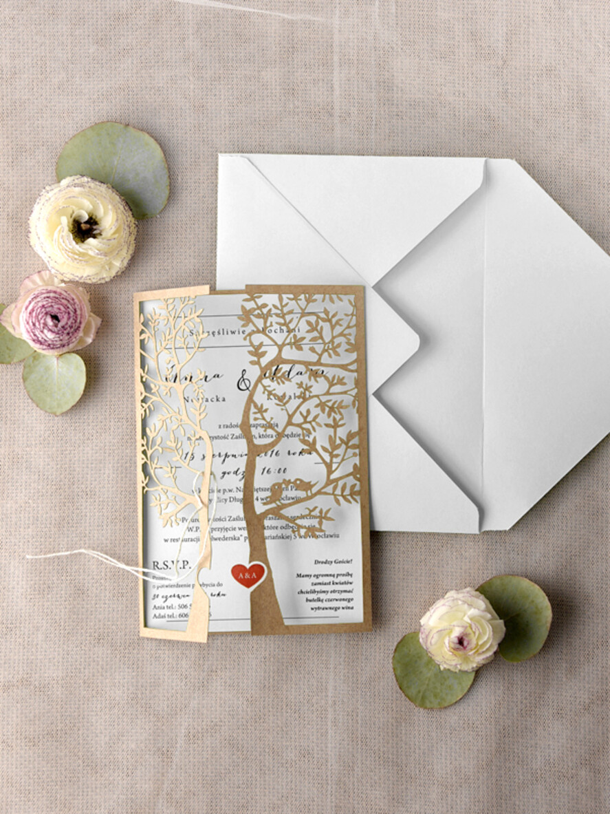 Zaproszenia ślubne Rustykalne i Natura Niezwykłe zaproszenia ślubne w stylu rustykalnym laserowo wycinanym drzewem, zaproszenie  na ślub drzewko laserowe0