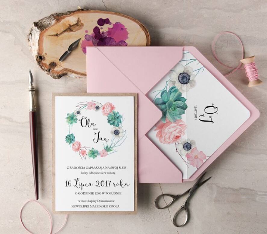 Zaproszenia ślubne Rustykalne i Natura unikatowe zaproszenia ślubne w stylu rustykalnym z pięknym kwiatowym wzorem i korowym sercem1