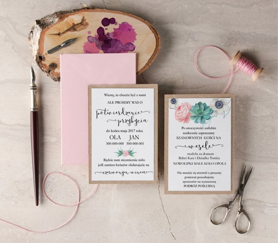 Zaproszenia ślubne Rustykalne i Natura unikatowe zaproszenia ślubne w stylu rustykalnym z pięknym kwiatowym wzorem i korowym sercem3