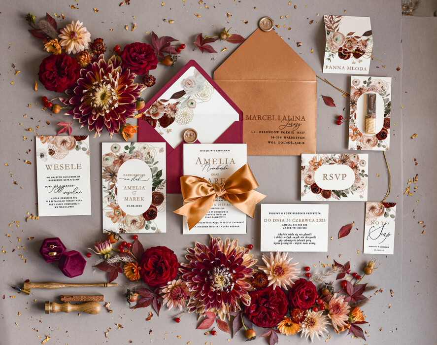 Zaproszenia ślubne Rustykalne i Natura Boho Jesienne Zaproszenia Ślubne Bordo Kwiaty  Zaproszenia na Rustykalny Ślub Boho Kwiaty  Zaproszenie na Ślub 0