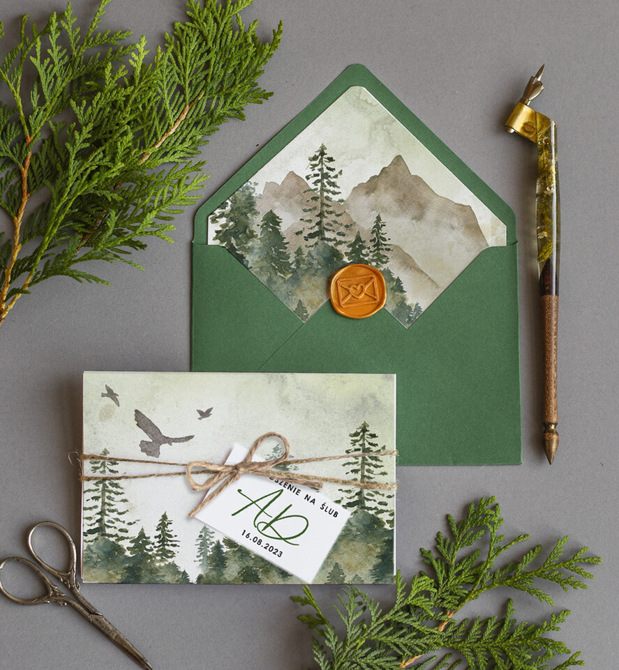 Zaproszenia ślubne Rustykalne i Natura Rustykalne Zaproszenia Ślubne Las Składane Zielone Zaproszenia na Rustykalny Ślub w lesie Ekologiczne Zaproszenie na Ślub w zgodzie z naturą 2