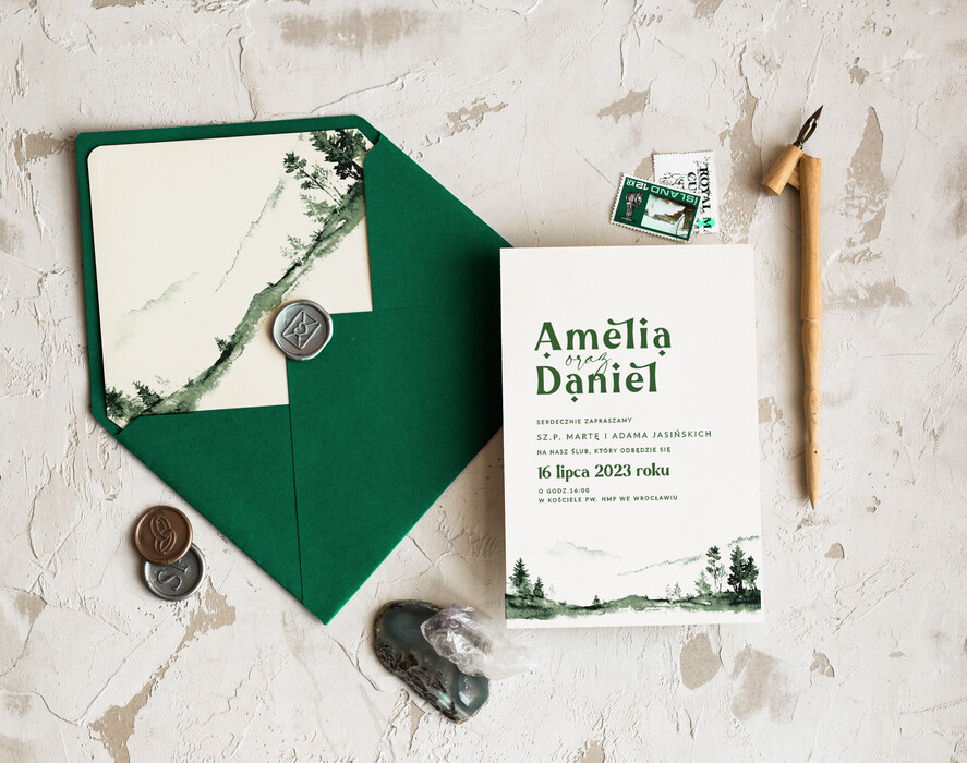 Zaproszenia ślubne Rustykalne i Natura delikatne i proste zaproszenia ślubne, zaproszenia z lasem w stylu rustykalnym, zielone zaproszenia slubne, zaproszenia z kopertą i bilecikami1