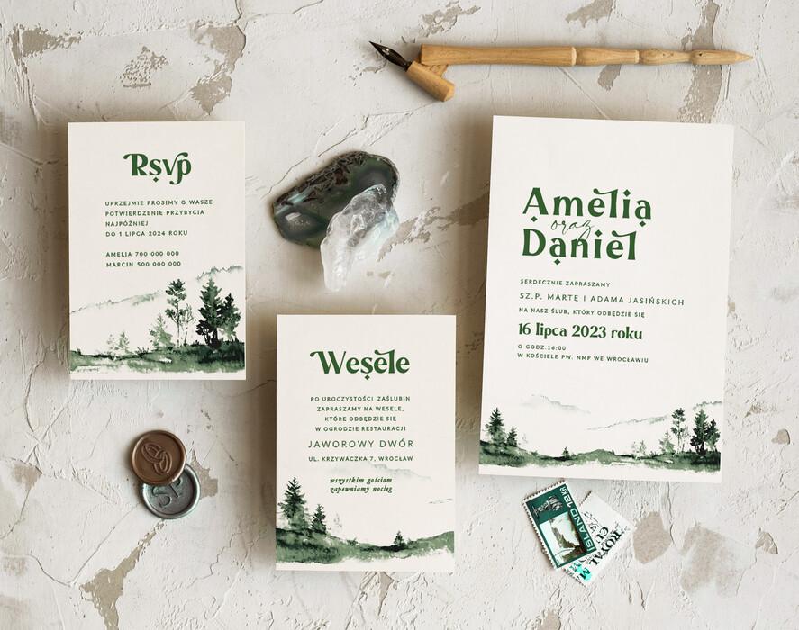 Zaproszenia ślubne Rustykalne i Natura delikatne i proste zaproszenia ślubne, zaproszenia z lasem w stylu rustykalnym, zielone zaproszenia slubne, zaproszenia z kopertą i bilecikami2