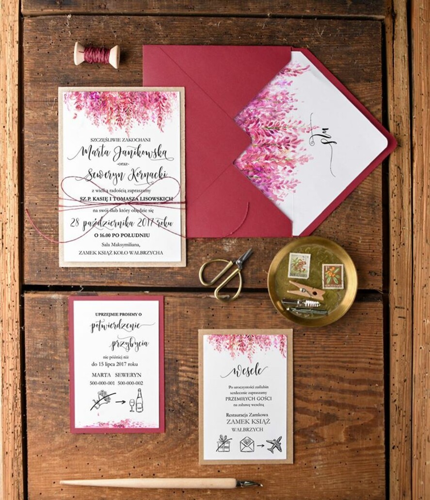 Zaproszenia ślubne Rustykalne i Natura modne bordowe zaproszenia weselne rustykalne i nowoczesne w ekologicznym stylu  1