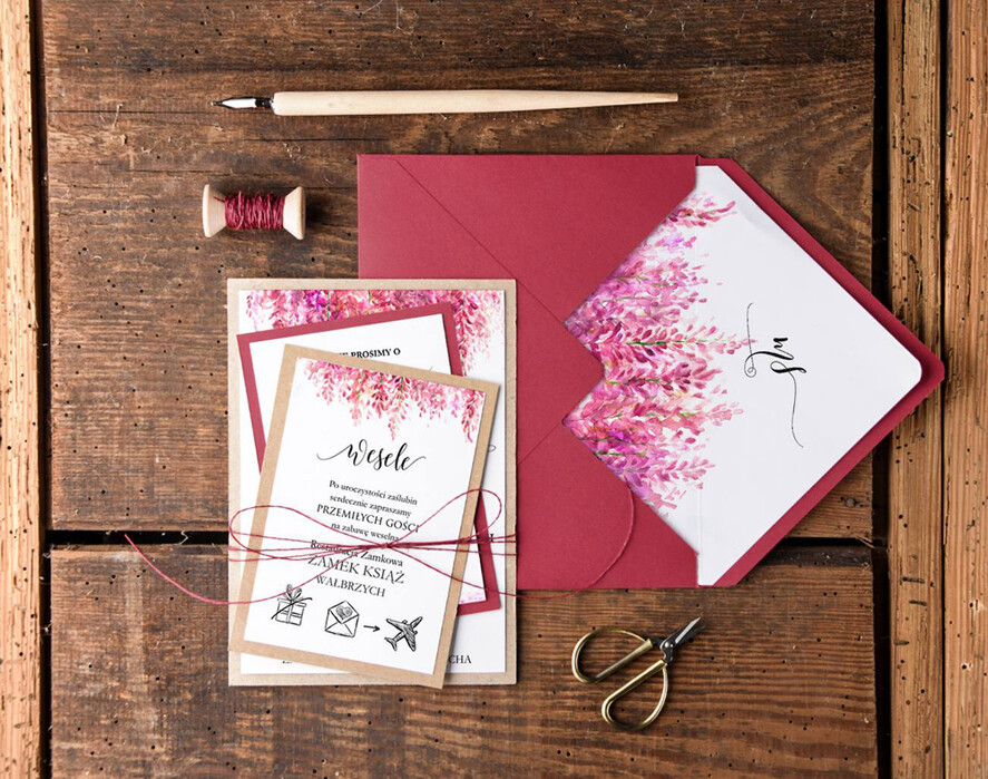 Zaproszenia ślubne Rustykalne i Natura modne bordowe zaproszenia weselne rustykalne i nowoczesne w ekologicznym stylu  3